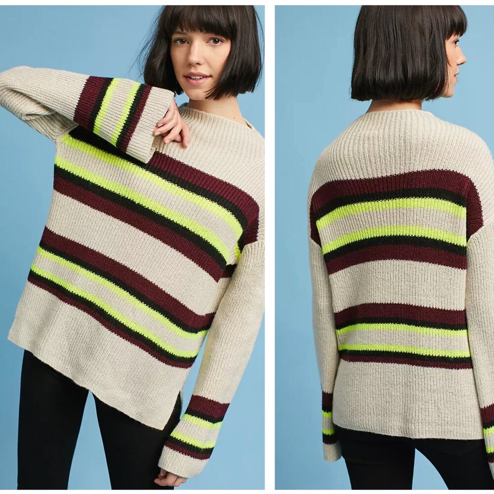 ANTHROPOLOGIE x MOTH Striped Mock Neck Sweater Stripe Brown Tan Sz L $128 {N10}